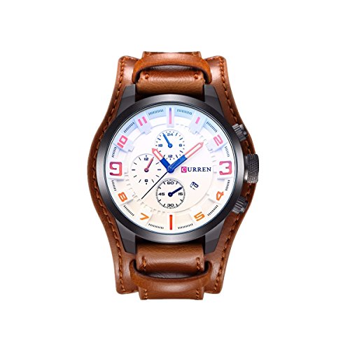 Curren los hombres de moda militar Classic correa de piel reloj, calendario, la fecha Display (blanco)