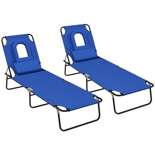 Outsunny Folding Outdoor Lounge Chair Set of 2, Adjustable Patio Chaise Lounge with Face Hole, Reclining Tanning Chair, Folding Camping Beach Lounging Bed w/Head Support, Blue