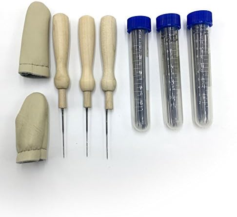 Wool Felt Tools Set by YUWANGTING, include 60 Pieces 3 Sizes Felting Needles Wool Felt Tools with 3 Pieces Clear Bottles and 3 Pieces Wooden Handles and 2 Pieces Leather Finger Cot