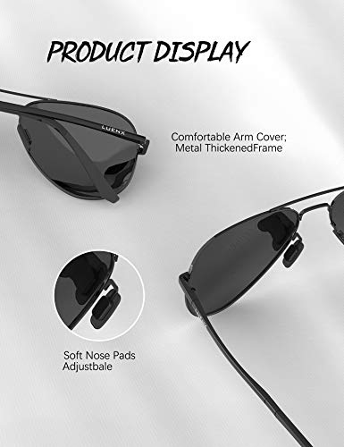 LUENX Aviator Sunglasses for Mens Womens Polarized Black Lens Black Metal Frame 60mm