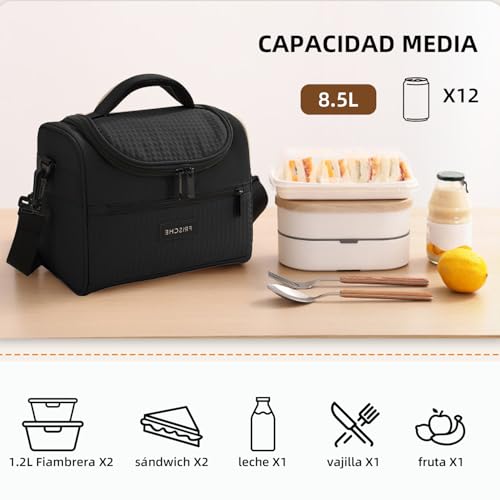 Lonchera Térmica Impermeable con correa - Bolsa de Almuerzo Aislante con Capacidad Grande, Antifugas y Fácil de Limpiar Hielera Portátil Unisex para Trabajo/Picnic/Viajes (Negro)