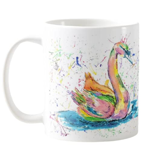 Vixar Swan Watercolour Rainbow Art Coloured Mug Cup, Gift, Birthday, Work, Office, Christmas Tea Coffee (White)