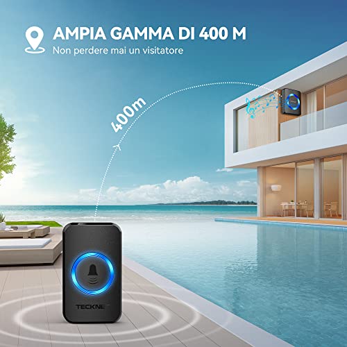 TeckNet Wireless Doorbell, Portable Wireless Doorbell, 60 Ringtones, LED Indicators, 400 M Operating at Large Distance, 5 Selectable Volumes (1 x Transmitter and 2 x Receiver)