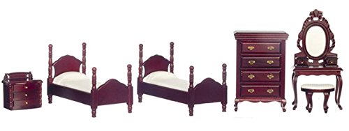 Dollhouse Miniature Twin Bedroom Set in Mahogany