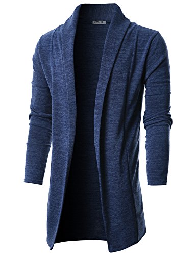 Ohoo Mens Long Sleeve Draped Lightweight Open Front Shawl Collar Longline Cardigan/DCC026-NAVY-M