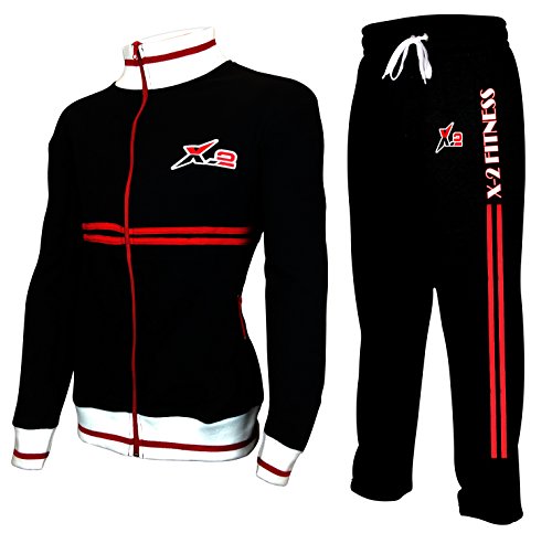 X-2 Mens Full Zip Fleece Tracksuit Jogging Sweatsuit Activewear Red Pipe Black XXXL - Thumbnail 3