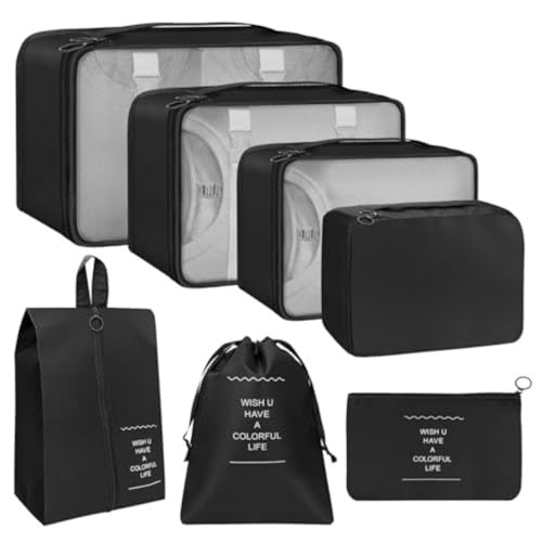 Kit Organizador de Malas para Viagem 7 Peças Conjunto Organizador Completo Bolsas Necessaire Sapatos Maquiagem Roupas Bagagem Organizada (Preto)