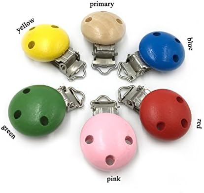 Coskiss 10pcs Wood Natural Baby Pacifier Clip Charm Antique Wooden Clip Selectable Silicone Teething Beads Suspender Clip Round and Flat (Mixed color 10pcs)