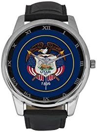 Men's Utah Flag Stainless Steel Leather Strap Waterproof Band Wrist Watch