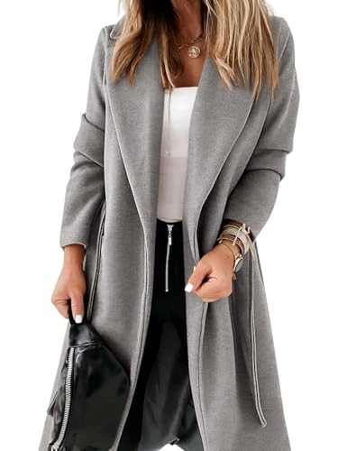 Womens Classic Coat Lapel Collar Open Front Belted Long Jacket
