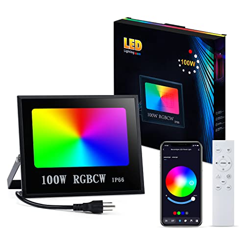 HELVAK Flood Lights Outdoor,100W RGBCW Smart Home Lighting, Outdoor Spot Lights Yard Landscape Lighting with APP Control+2.4G Remote Control, for Garden Stage Lighting,Party