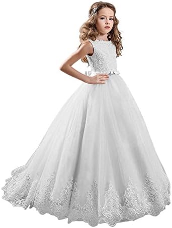 Ma Weikang Long Lace Applique A-line Flower Girl Dresses Long Gown Holy First Communion Dress Party Gowns Size 14 White