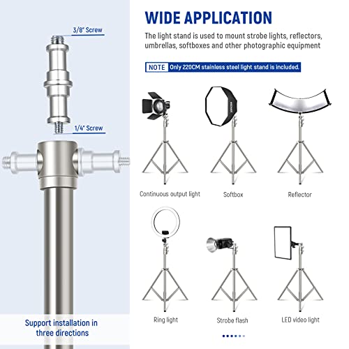 NEEWER Soporte de Luz de Acero Inoxidable de 7,2 pies / 2,2 m, Soporte de Trípode de Fotografía Resistente con Resorte Acolchado con Adaptador de Tornillo Universal de 1/4 "a 3/8"