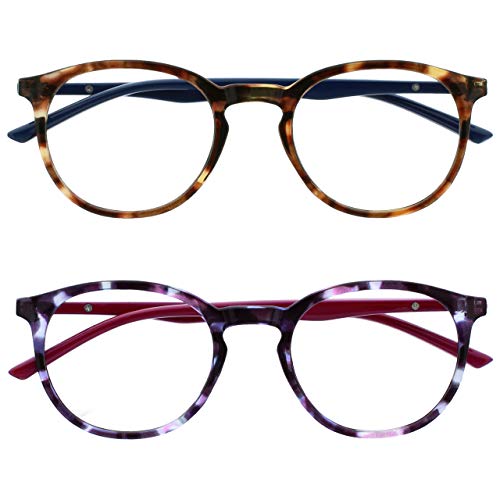 OPULIZE MET Blue Light Blocking Reading Glasses for Women Men, Slim Round Frame with Scratch Resistant and Spring Hinges, Computer Glasses with Anti-Reflective, Brown,Purple +0 (Pack of 2)