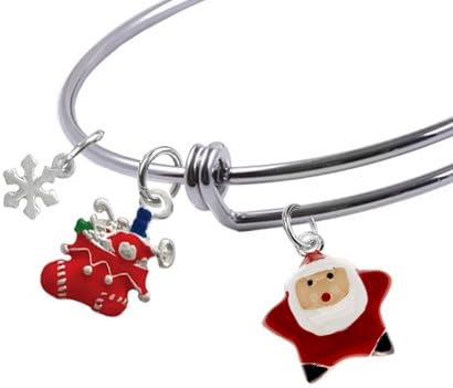 Expandable Bangle bracelet with Silver plated Santa Star, Christmas Stocking and Snowflake charms, Qty:1