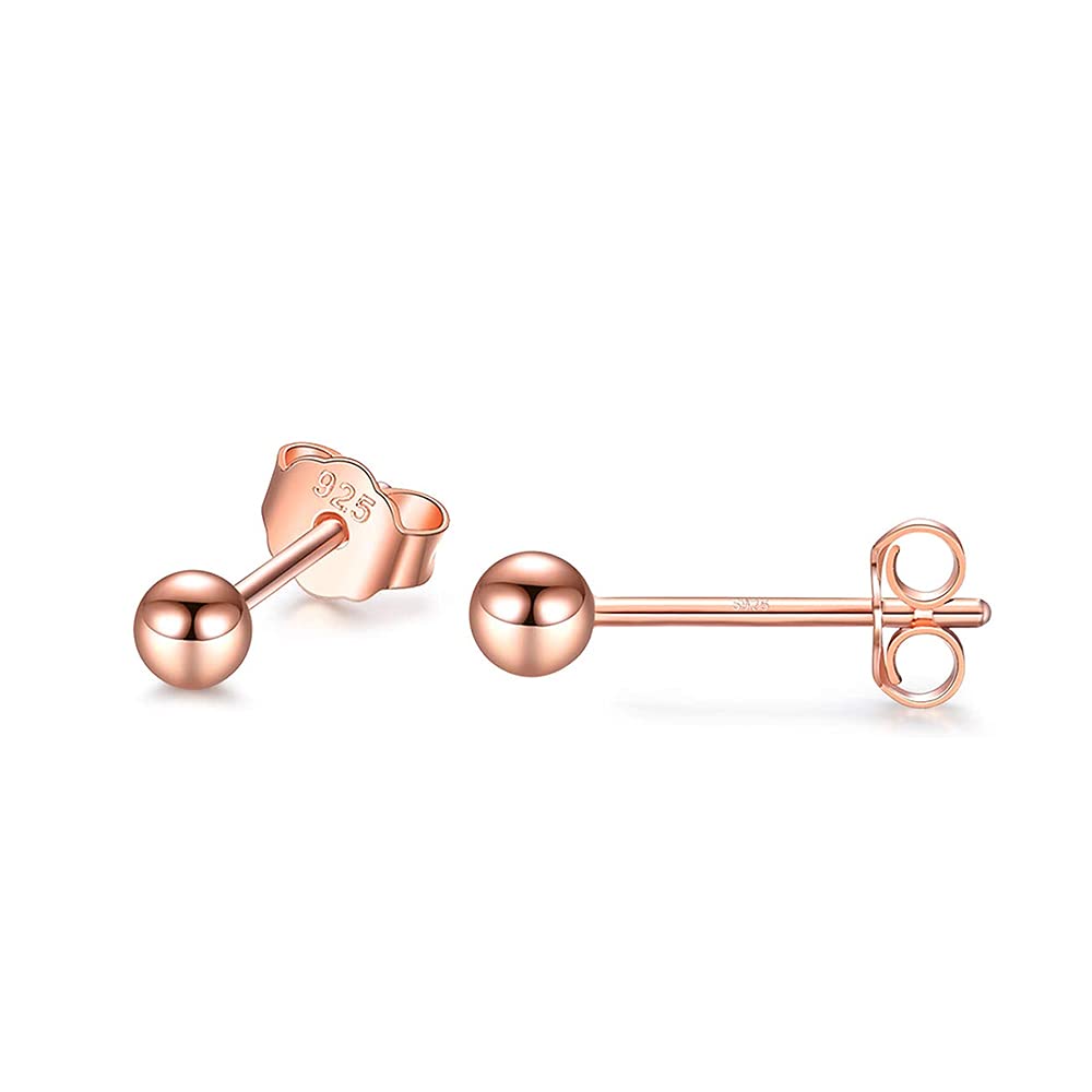 PRETTERY Rose Gold 925 Sterling Silver Round Ball Stud Earrings for Women Girls
