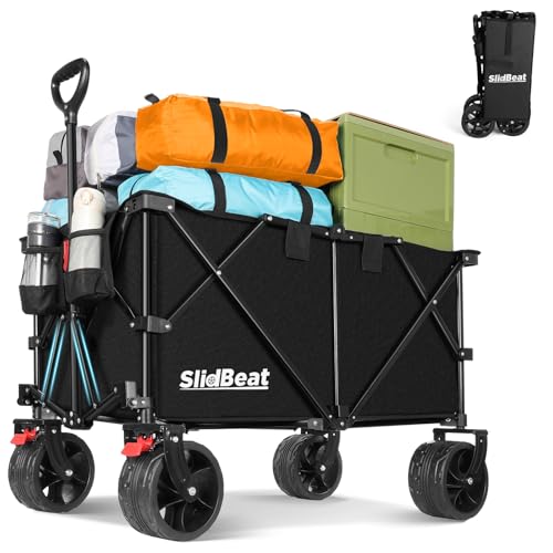 SLIDBEAT Beach Trolley 220-330L, 200 kg Folding Transport Trolley with 360° Swivel Wheels, XXL Garden Trolley with Automatic Rebound Handle All Terrain with Brakes for Fishing Camping