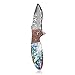 KUBEY Hunting Folding Knife Damascus Steel Blade Thumb Open Gentlemans Pocket Knife for Outdoor Camping Tactical Survival Tool(#DM081-Shell patch handle)