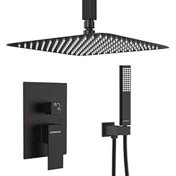 EMBATHER Black Shower System- 12 Inches Ceiling Shower Faucet Set with Square Rain Shower Head and Handheld-Shower Combo Set for Bathroom-Easy Installation- Eco-Friendly（Valve included）