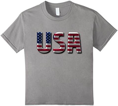 Kids USA - American Flag Letters Patriotic Souvenir Tourist Tee 6 Slate