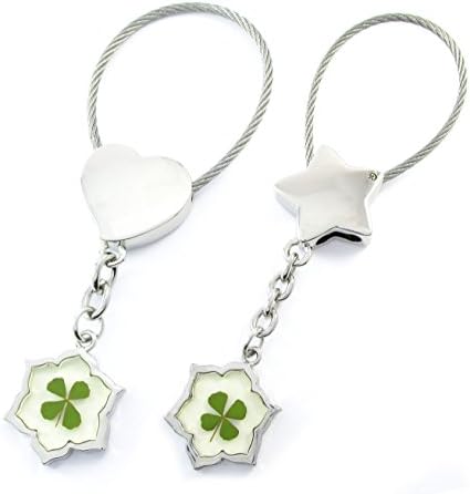 Genuine Four-leaf Lucky Clover Crystal Amber Engravable Key Chain, Classic Hexagon Flower (3. Matching Pair)