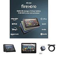 Fire HD 10 Tablet (32 GB, Black, Ad-Supported) + Amazon Standing Case (Black) + Nupro Anti-Glare Screen Protector (2-pack) + 15W USB-C Charger