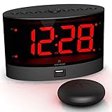 ANJANK Loud Alarm Clock with Wireless Bed Shaker, Powerful Vibrating Alarm Clock for Heavy Sleepers and Hard of Hearing, Large Number Display with Dimmer, Dual Alarm & USB Charger Port for Bedroom