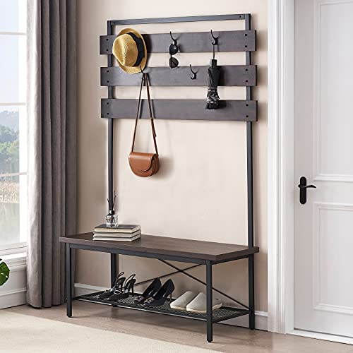 FELLYTN Small Hall Tree with Shoes Storage, Wood and Metal Coat Rack