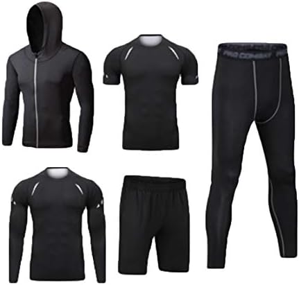 DooxiMens 5pcs Sports Gym Fitness Clothing Set Hoodies Jackets+Long Sleeve+Short Sleeve Base Layers T Shirts+Loose Fitting Shorts+Compression Pants for Workout Training Running Tracksuits