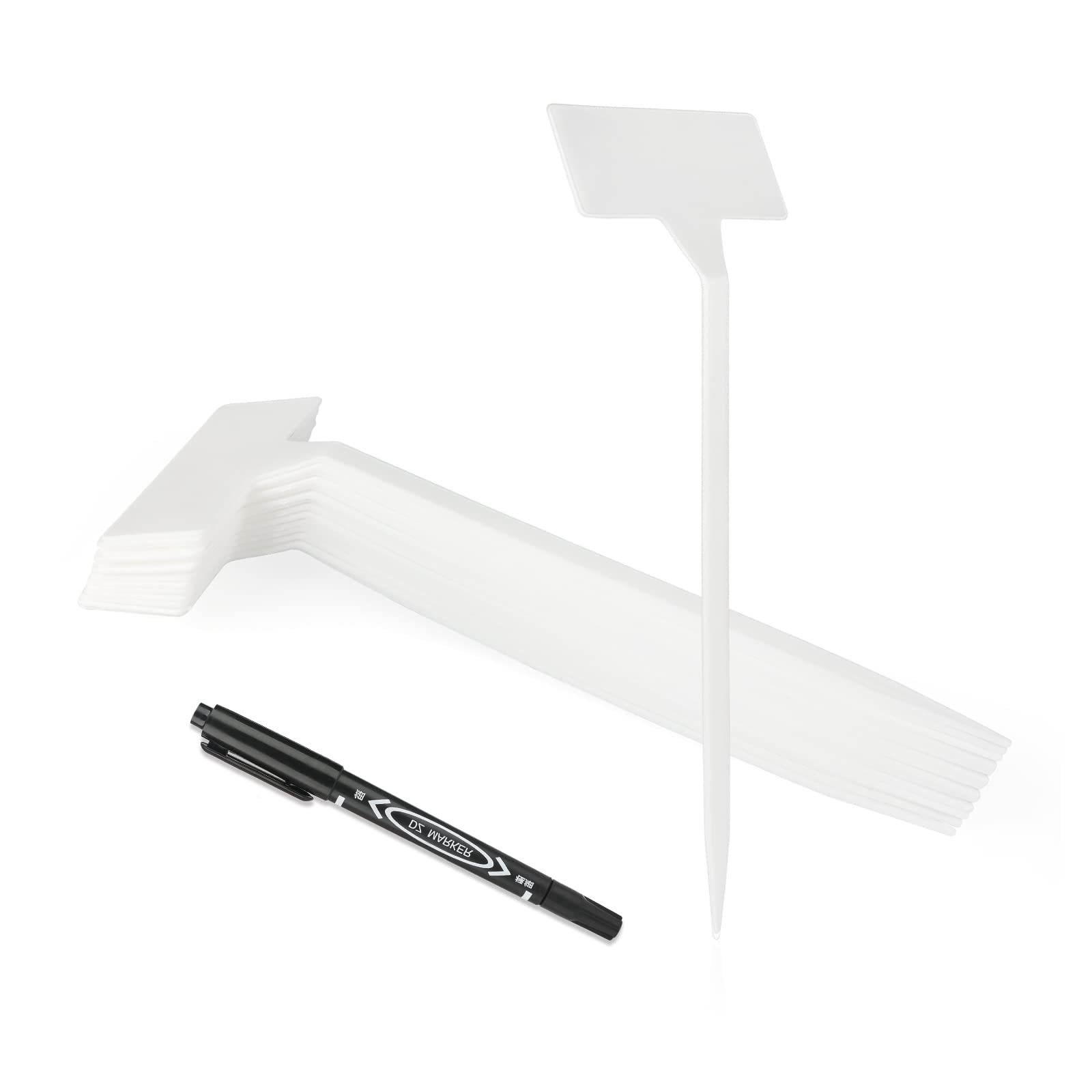 KINGLAKE 30Pcs Tall Outdoor Plastic Plant Labels with a Marker Pen, Large White Garden Tags Curved T-Type Thick Plant Markers Waterproof, 30x9x4.7cm