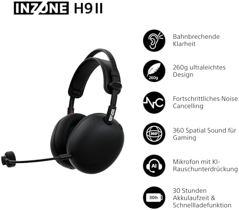 INZONE H9 II Kabelloses Noise Canceling PC-Gaming Headset, Leicht, Anpassbarer Sound-EQ, Abnehmbares Kardioid-AI-Mikrofon, 30h Akku, 2.4GHz & Bluetooth, Soft Case Inklusive, Schwarz