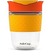 SoleCup. - Reusable Strengthened Glass Travel Cup - Spill Proof Insulated Coffee Mug - 12oz/340ml BPA-Free Hot Drink Travel Mug with Lid & Silicone Band (Red, 12oz)