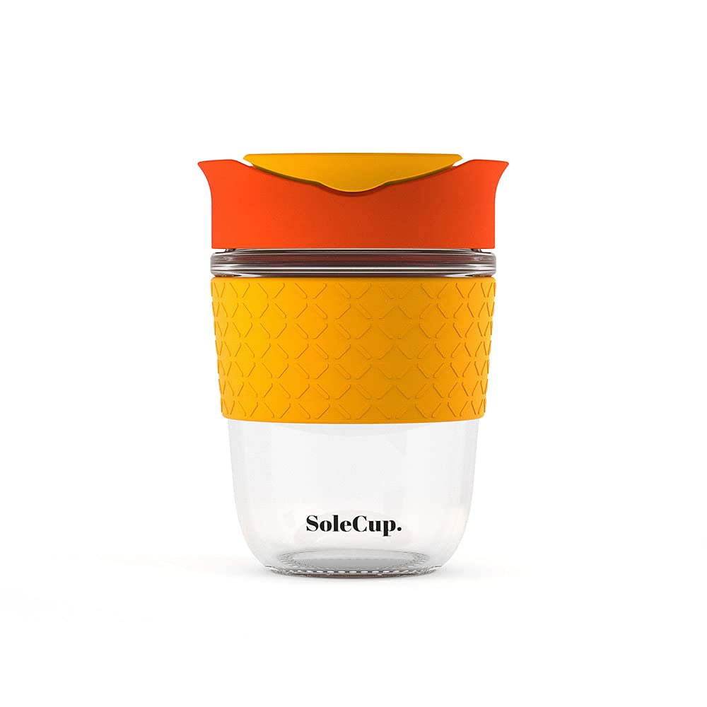 SoleCup. - Reusable Strengthened Glass Travel Cup - Spill Proof Coffee Mug - 12oz/340ml BPA-Free Hot Drink Travel Mug with Lid & Silicone Band (Red, 12oz / 340ml)