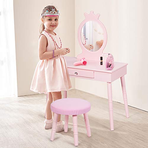 GOFLAME Kids Vanity Set, Princess Dressing Table Set, Wooden Dresser, Little Girls Makeup Table and Stool Set, Pretend Beauty Play Set with Real Mirror, Pull-Out Drawer and Cushioned Stool, Pink