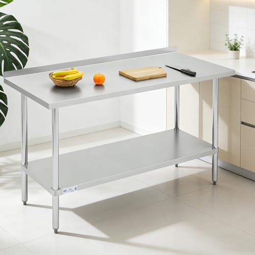 Hally Stainless Steel Work Table with Backsplash Prep Table Commercial Kitchen Table Heavy Duty Workstation, 24 x 60 Inch Food Prep Station with Adjustable Shelf for Home Garage Restaurant