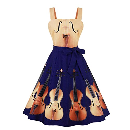 Alixyz Women 1950s Vintage Dress O-Neck Zipper Cello Printed Sleeveless A-Line Swing Dress (L, Yellow)