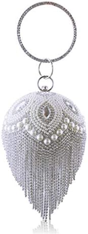 uekj Tassel Women Pearl Beaded Crystal Party Evening Bag Bridal Wedding Round Ball Wrist Bag Round Clutch Purse Handbag Silver