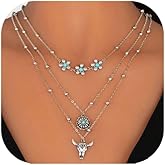 ItsStarred Western Cowgirl Layered Necklace for Women Vintage Silver Plated Bull Head Lightning Flower Turquoise Pendant Chain Necklace Country Concert Cowgirl Accessories