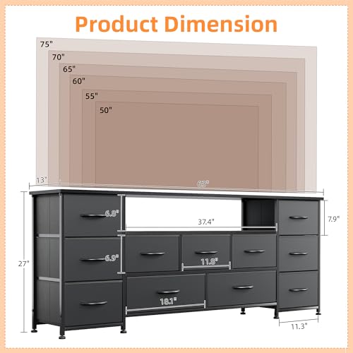 Vermess 63" W Dresser for Bedroom with Charging Station 11 Drawer Dressers & Chests of Drawers Dresser TV Stand for Bedroom for 65 70 75 Inch TV, Metal Frame & Fabric Drawers, Black