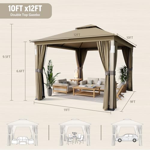 10x12 Patio Gazebo with LED Lights, Bluetooth Speakers, Mosquito Netting & Privacy Curtains image 19