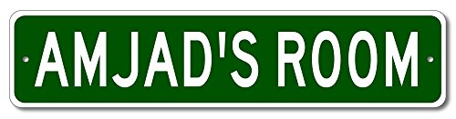 Amjad's Room - Kids Name Sign, Amjad Room Aluminum Novelty Door Signs For Boys - Green - 9"x36"