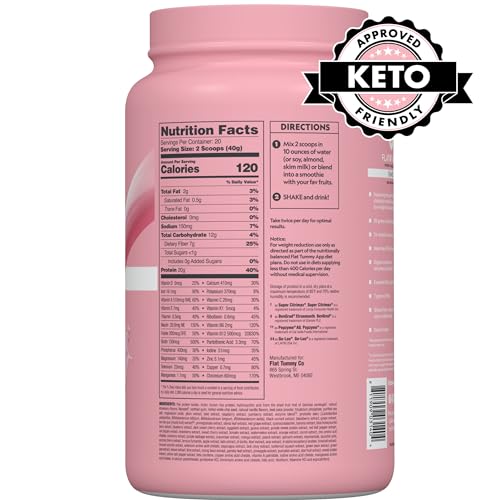 FLAT TUMMY TEA MEAL REPLACEMENT SHAKE – STRAWBERRY, 20 SERVINGS, EBT ELIGIBLE – PLANT BASED PROTEIN POWDER FOR WOMEN – VITAMINS & MINERALS – DAIRY FREE, GLUTEN FREE, KETO-FRIENDLY SHAKES – 1.76 POUND (PACK OF 1)