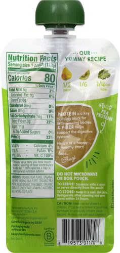 HAPPY TOT ORGANICS STAGE 4 BABY FOOD POUCHES, GLUTEN FREE, VEGAN SNACK, FIBER & PROTEIN FRUIT & VEGGIE PUREE, PEARS, KIWI & KALE, 4 OUNCE (PACK OF 1)