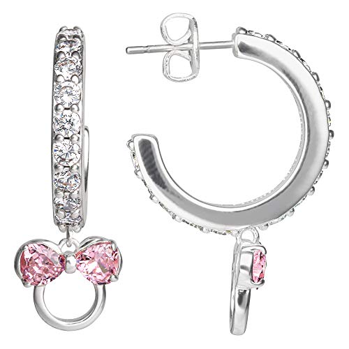 Disney Minnie Mouse Hoop Earrings for Women Official License, Silver Flash-Plated Cubic Zirconia Hoops with Minnie Charm
