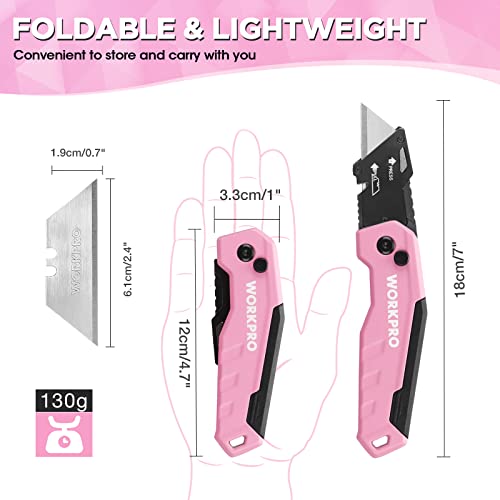 WORKPRO Folding Utility Knife, Quick Change Box Cutter, Razor Knife for Cartons, Cardboard, Boxes, Blade Storage in Handle, 13 Extra Blades Included (Pink)