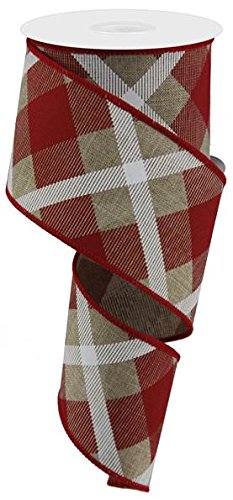 Plaid Canvas Wired Edge Ribbon, 10 Yards (Light Beige, Red, White, 2.5")