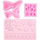 Scivokaval Ocean Sea Life Theme Cute Seashell Mermaid Tail Silicone Baking Chocolate Fondant Soap Candy Cake Decor Jelly Sugarcraft Gumpaste Pastry Clay Making Ice Cube Tray Fimo Molds Set of 4