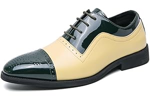 CONGRI Men's Two Tone Penny Loafer Casual Oxfords Shoes Cap Toe Lace Up Green and Yellow Business Casual Formal Dress Shoes G
