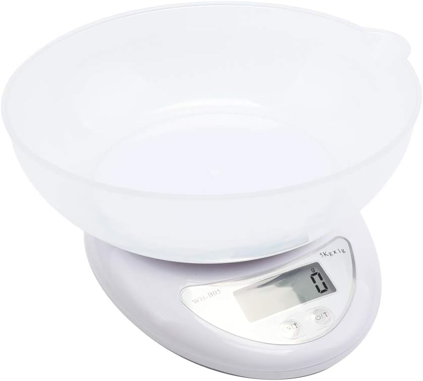 XSUPER Electronic Digital Kitchen Food Scale, Multifunction Weight Scale with Removable Bowl for Cooking and Baking, 5kg x 1g Electronic Weight Cooking Food Weighting, 2AAA Batteries Included-White