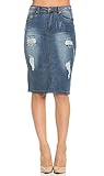 Distressed Stretch Denim High Waisted Knee Length Pencil Skirt